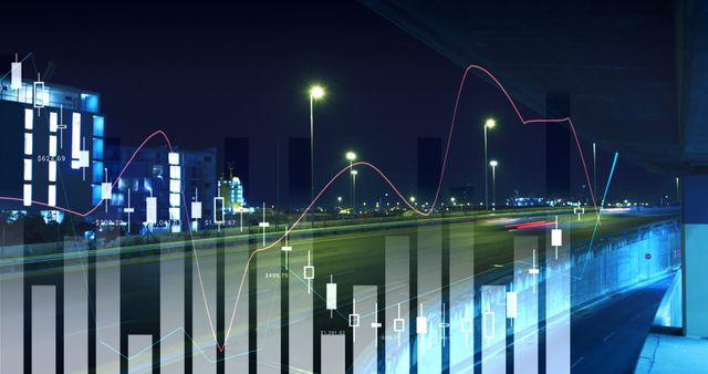 Night scene of highway with overlay of stock market charts and graphs. Ideal for financial services, economic forecasts, and business growth visuals. Can be used in presentations, articles, and marketing materials related to finance and stock market performance.