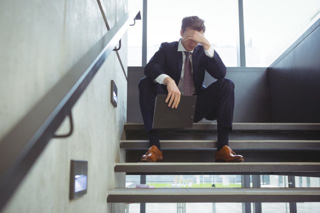 Businessman in a suit sitting on office stairs, holding a clipboard and covering his face with his hand. This image can be used to depict work-related stress, corporate pressure, mental health issues in the workplace, or career challenges. Suitable for articles, blogs, or presentations on professional stress, mental health awareness, and corporate life.