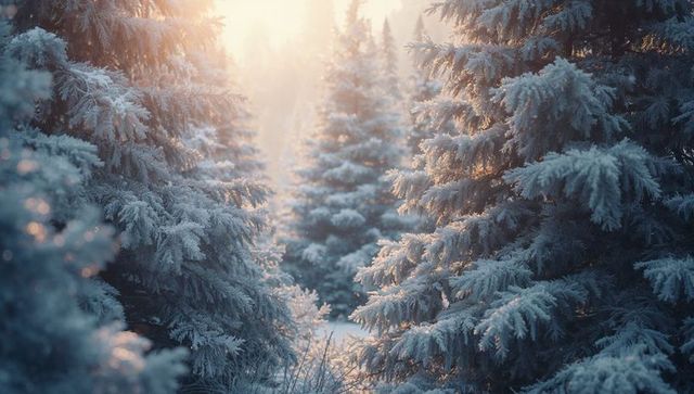 Serene Winter Forest Path with Frosted Evergreen Trees