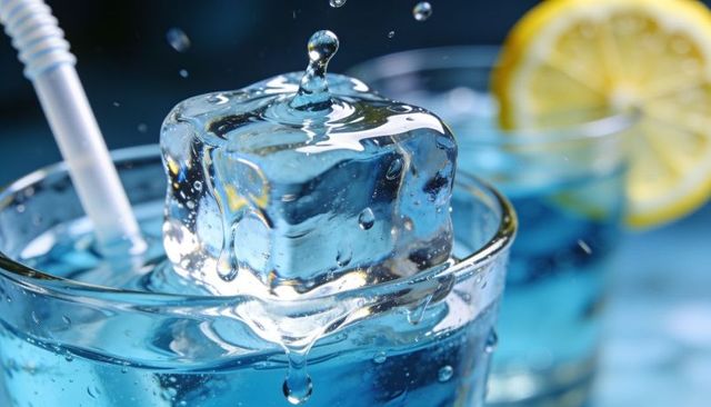 Melting ice cube resting on blue cocktail rim with lemon slice and straw