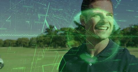 Smiling young man on green field with augmented reality data overlay and HUD visualization