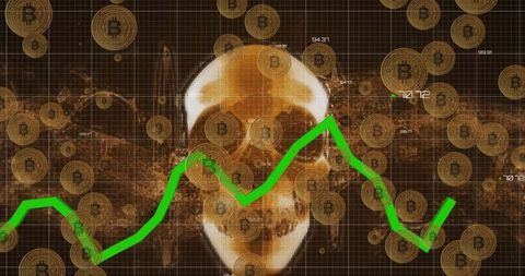 Eerie skull and bitcoin over digital data visualization
