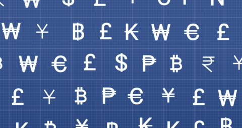 Currency Symbols on Digital Blue Background Signifying Global Finance