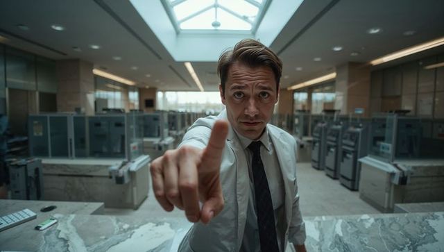 Pointing bank teller behind marble counter commanding customer attention in modern branch