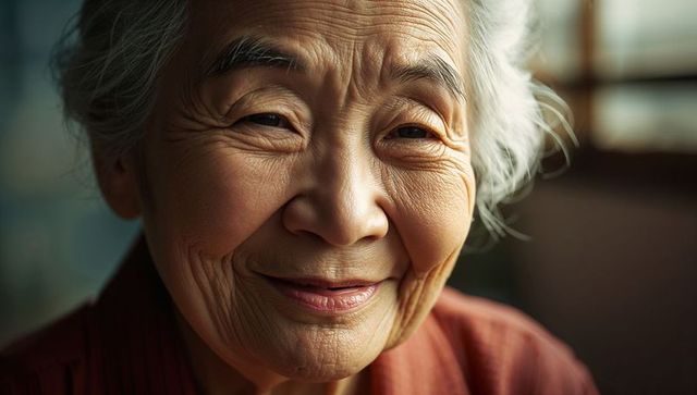 Elderly Asian Woman Smiling Warmly in Soft Natural Light