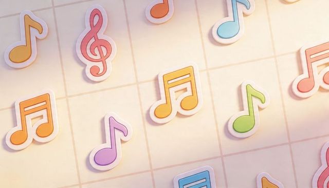 Pastel music note stickers on tiled grid, playful craft decals for kids and designers, soft shadows