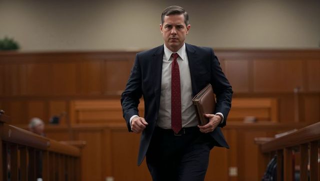 Confident lawyer walking down courtroom aisle holding leather portfolio