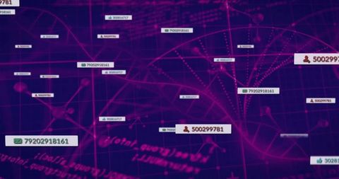 Neon network visualization showing user id nodes, dataflow, analytics on purple grid