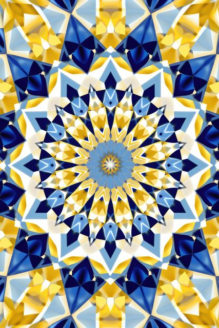 Intricate geometric kaleidoscope pattern featuring blue and yellow hues. Symmetrical and abstract, this design is ideal for use in graphic design, textiles, wallpapers, and digital art projects. The vibrant colors and delicate symmetry also make it suitable for modern art prints and creative website backgrounds.