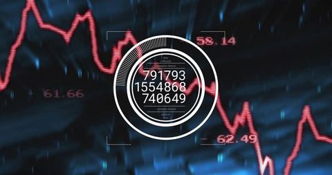 Futuristic hud data overlay with concentric rings and red stock market line graph