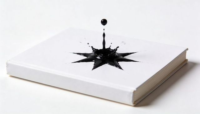 White hardcover book featuring black ink splash with suspended droplet and starburst
