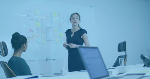 Businesswoman delivering presentation at corporate meeting