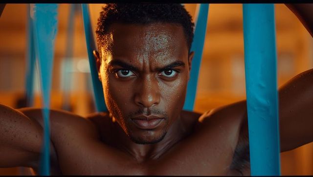Athlete Using Blue Resistance Bands in Intense Workout