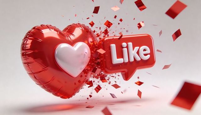 Colliding red heart balloon with like badge and shiny confetti explosion