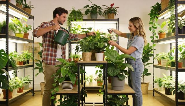 Couple tending indoor plant display under grow lights, man watering woman misting