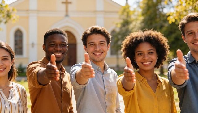 Welcoming hands reaching out from diverse volunteer group outside church on sunny day