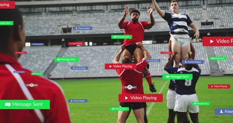Rugby lineout competing players lifting teammates with social media overlay graphics