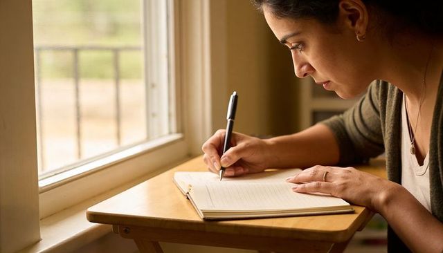 Focused woman writing in journal by sunlit window for home workspace and reflection