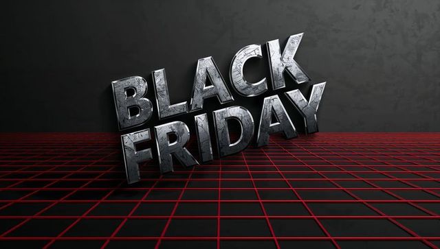 Metallic Black Friday 3D Typography on Red Grid Glossy Floor for Dramatic Sale Promo