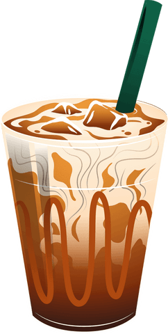 Transparent iced caramel latte glass with straw and eloquent ice swirl
