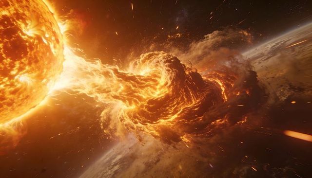 Star emitting plasma flare colliding with planetary atmosphere in fiery explosion