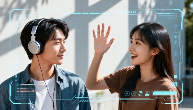 Young couple waving on sunlit balcony wearing headphones with futuristic holographic ui