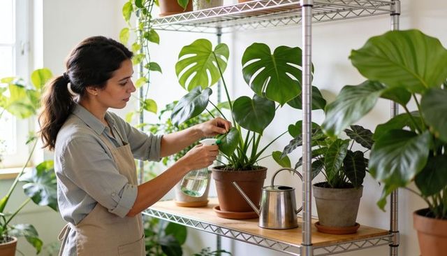 Woman misting monstera on metal shelving in bright indoor plant room, minimalist greenery