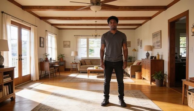 Man standing in sunlit rustic modern living room facing french doors with exposed wood beams
