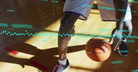 Athlete Dribbling Basketball Overlaid With Performance Data Analytics