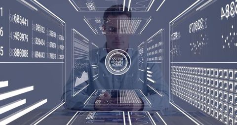 Businessman interacting with holographic hud tunnel of data analytics over smartphone ui