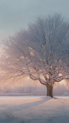 Dawn Light Filtering Through Frosted Tree in Snowy Field Vertical Winter Landscape Video