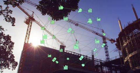 Digital Interface and Security Icons Over Construction Site
