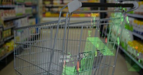Digital Data Hologram Over Empty Shopping Cart in Supermarket Aisle - Download Free Stock Images Pikwizard.com