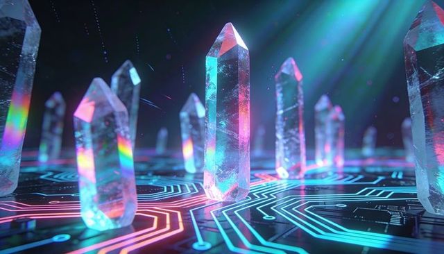 Iridescent crystal prisms lighting neon circuit board with cyan pink glow