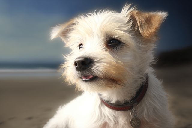 White terrier puppy resting on a sandy beach with the ocean in the background. Puppy appears relaxed and happy, with its fur gently tousled by the breeze. The image can be used in pet-themed projects, summer vacation promotions, or advertisements for pet care products.