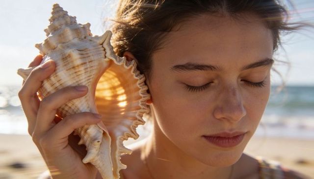Teenage girl listening to conch shell at golden hour on beach, serene backlit portrait