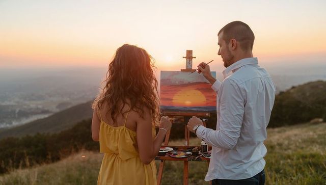 Couple painting sunset on hilltop, collaborative plein air art at golden hour