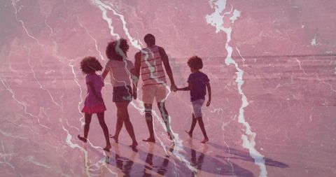 Walking family holding hands on reflective pink beach with marbled pastel overlay, silhouettes