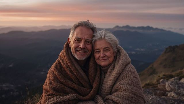 Senior Couple Embracing on Mountain Ridge at Sunset Wrapped in Knit Blankets