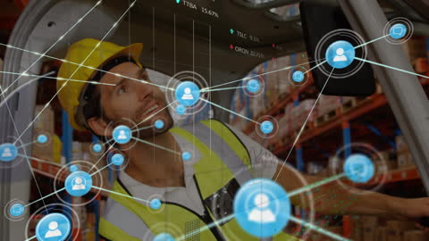 Warehouse Worker Interacting with Global Network Technology
