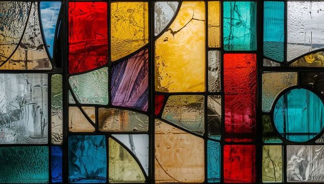 Colorful stained glass panels with abstract geometric patterns