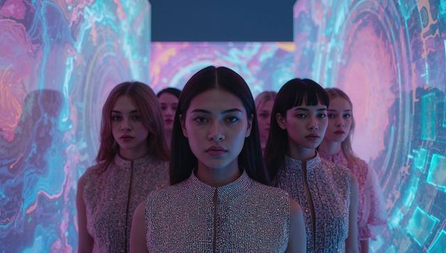 Futuristic Models in Metallic Dresses with Vibrant Neon LEDs