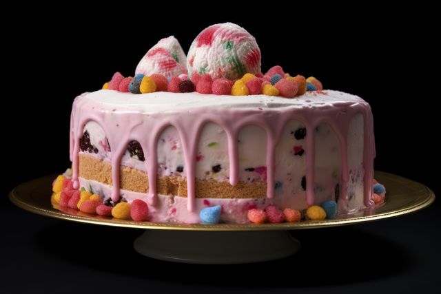 Ice cream cake with pink icing and colourful sweets on top, created using generative ai technology. Cake, celebration, treat, sweet food and deserts concept digitally generated image.