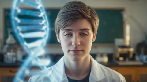 Young scientist examining holographic DNA helix projection while blinking in modern lab classroom