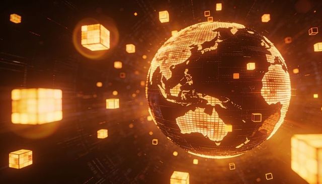 Rotating glowing digital globe highlighting asia australia with floating data cubes