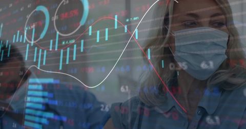 Masked Businesswoman Analyzing Interactive Financial Charts in Office
