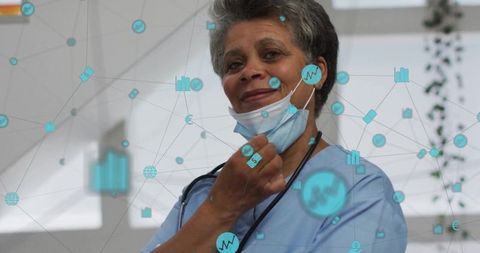 Nurse Adjusting Face Mask with Digital Healthcare Network Overlay