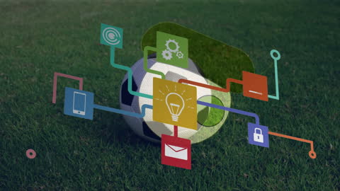Digital Icons Network Over Soccer Ball on Grass Field
