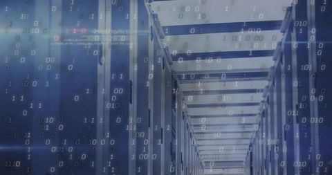 Futuristic Data Center with Server Racks and Digital Overlay in Blue Ambiance