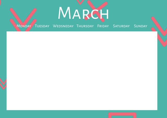 This clean teal March calendar template is perfect for planning events, scheduling appointments, and creating digital invitations. The minimalist design features neatly arranged weekdays and a large blank area for notes and reminders. Great for personal-use planners, work schedules, and digital bullet journaling.